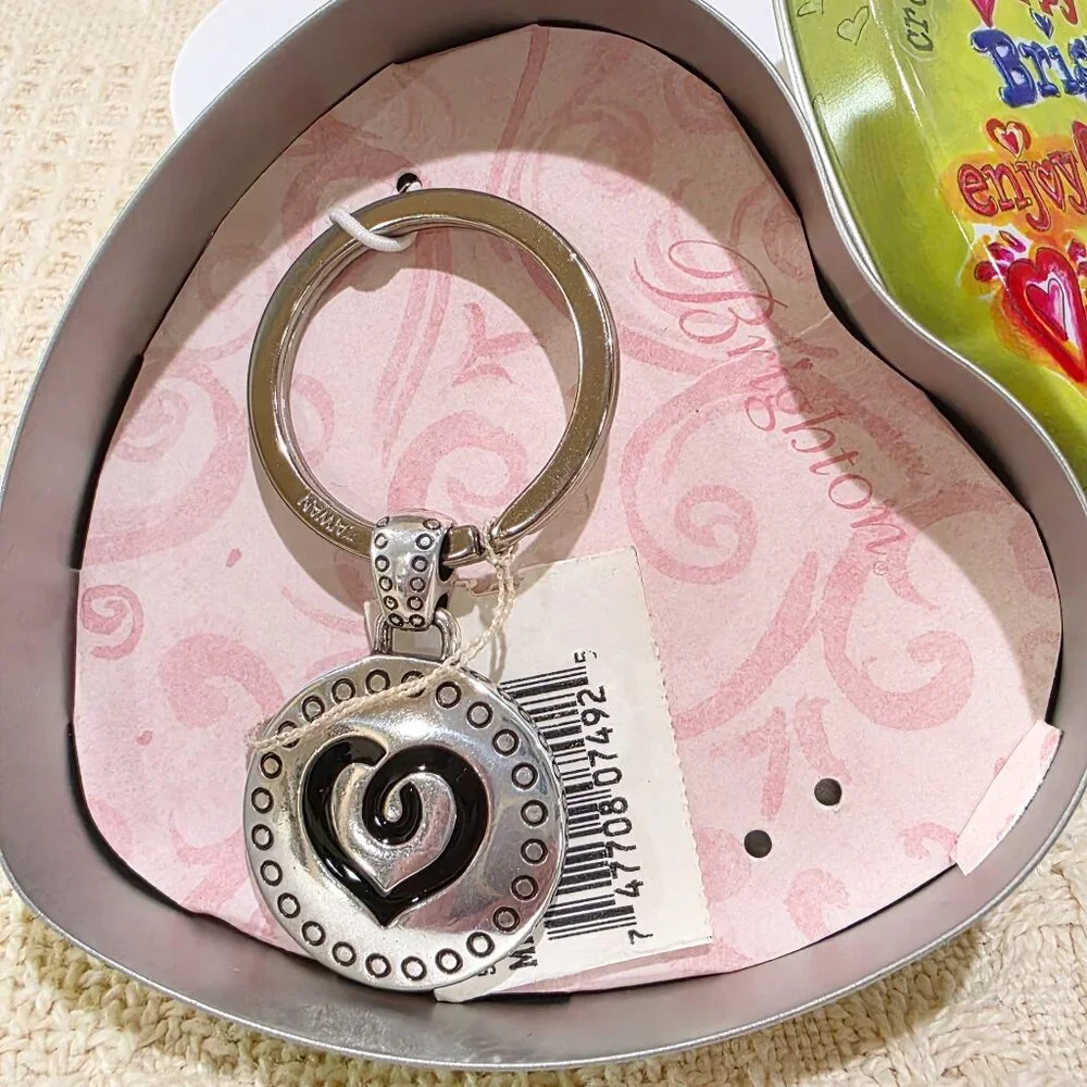 Vintage NOS Brighton Key Fob Keychain Round Heart Silver Marin w/ Heart Tin